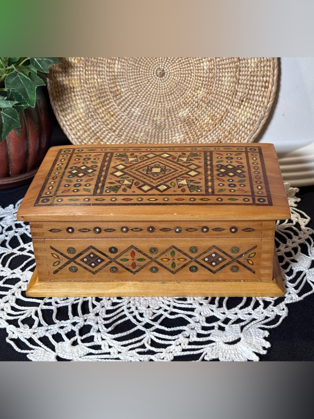Wood Inlay Mother of Pearl Decorative Trinket Box - Multicolor Accents Mosaic